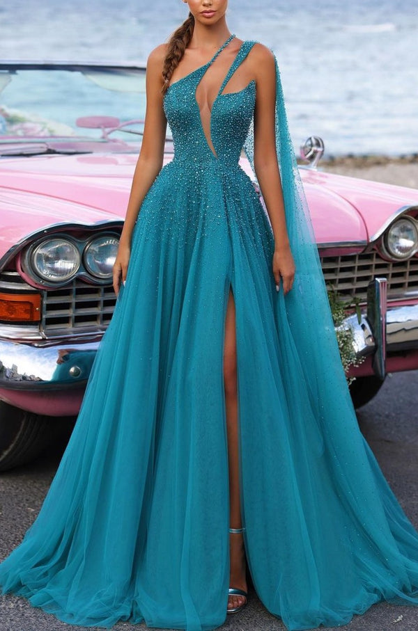 Green Sequins Heavy Tulle Prom Dress with High Slit Trail