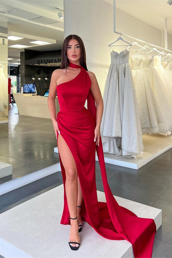 High Collar Long Mermaid Slit Prom Dress With Ruffles in Red