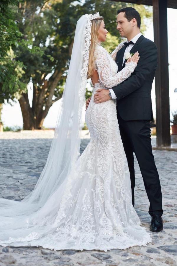 Bmbride Long Mermaid V-neck Lace Wedding Dresses with Sleeves