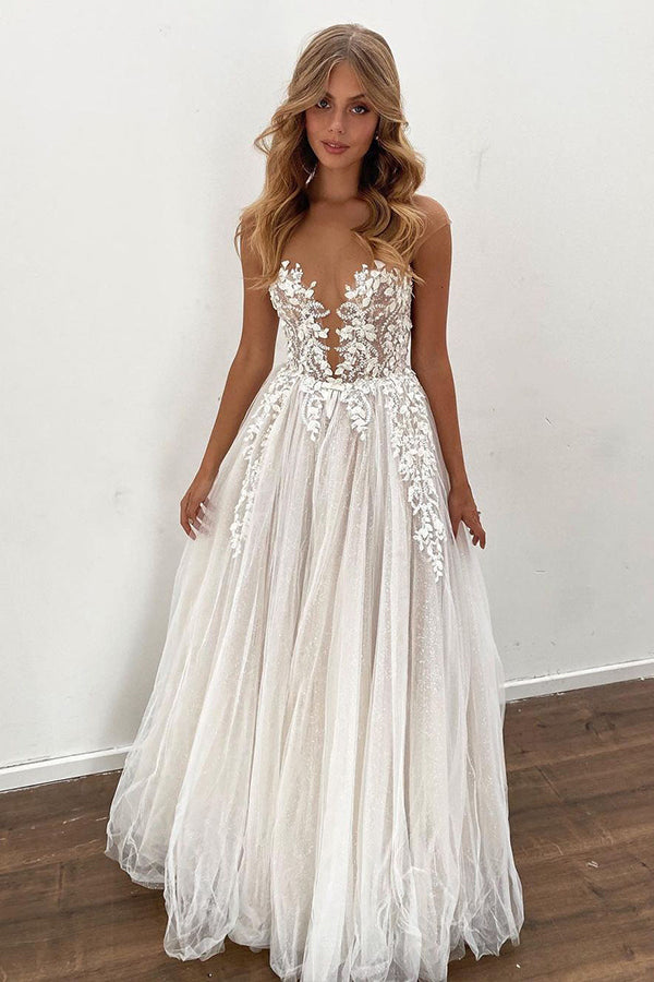 Bmbride Gorgeous Sheer Tulle Appliques A-line Floor Length Wedding Dress