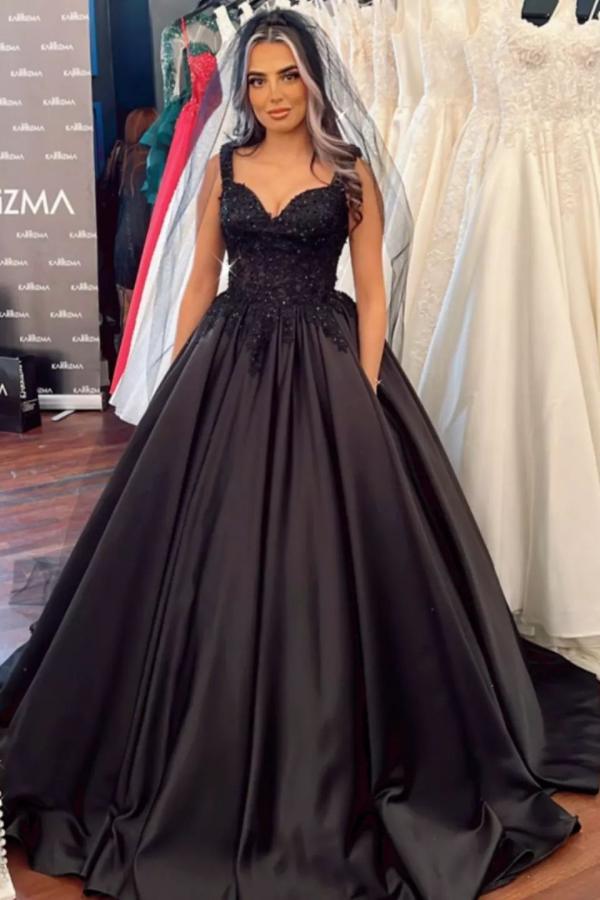 Bmbride Sweetheart Satin Ball Gown Wedding Dress with Wide Straps and Ruffles in Black Floor-length