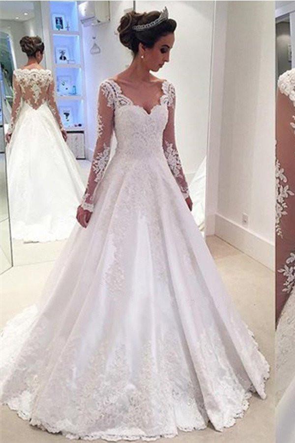 Bmbride Sophisticated A-line V Neck Long Sleeves Wedding Dress