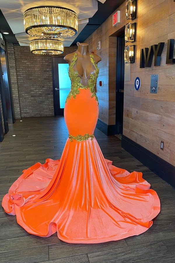 Orange Evening Dress: Appliques Halter V Neck Sleeveless Mermaid