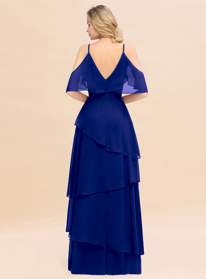 Cold-Shoulder Layers Chiffon Floor-Length Dress-koscy