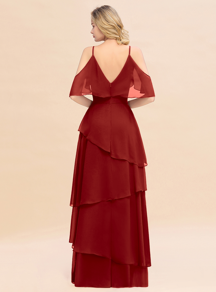 Cold-Shoulder Layers Chiffon Floor-Length Dress-koscy