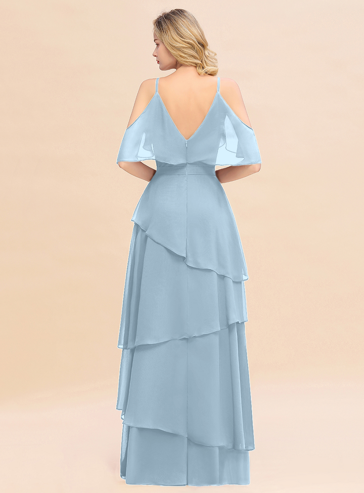 Cold-Shoulder Layers Chiffon Floor-Length Dress-koscy