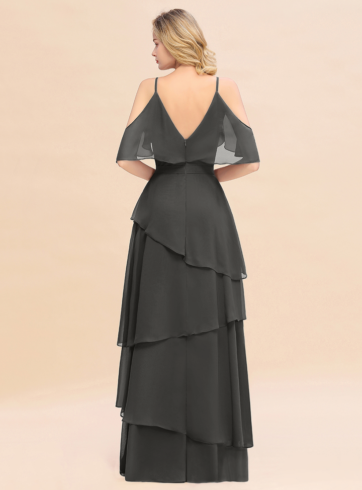 Cold-Shoulder Layers Chiffon Floor-Length Dress-koscy