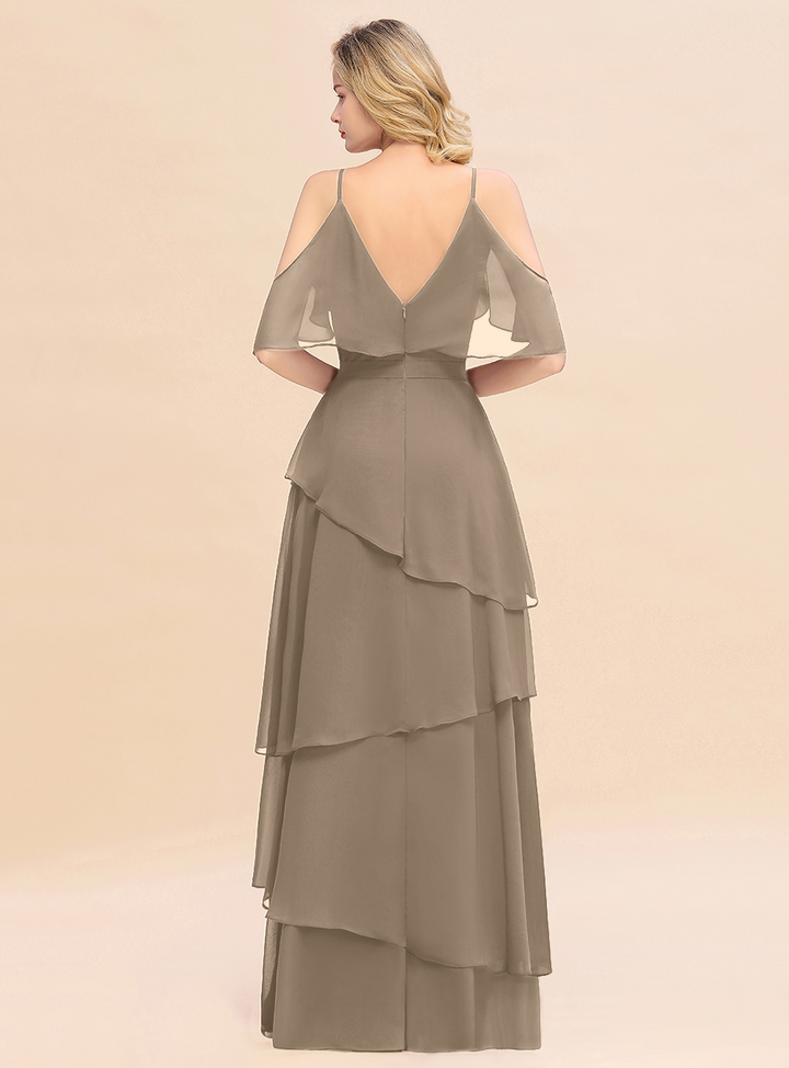 Cold-Shoulder Layers Chiffon Floor-Length Dress-koscy