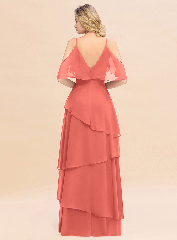 Cold-Shoulder Layers Chiffon Floor-Length Dress-koscy