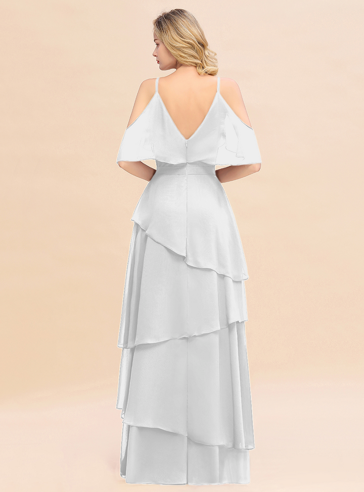 Cold-Shoulder Layers Chiffon Floor-Length Dress-koscy