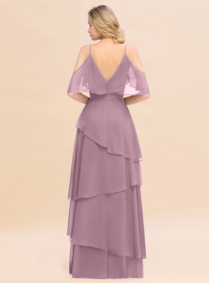 Cold-Shoulder Layers Chiffon Floor-Length Dress-koscy