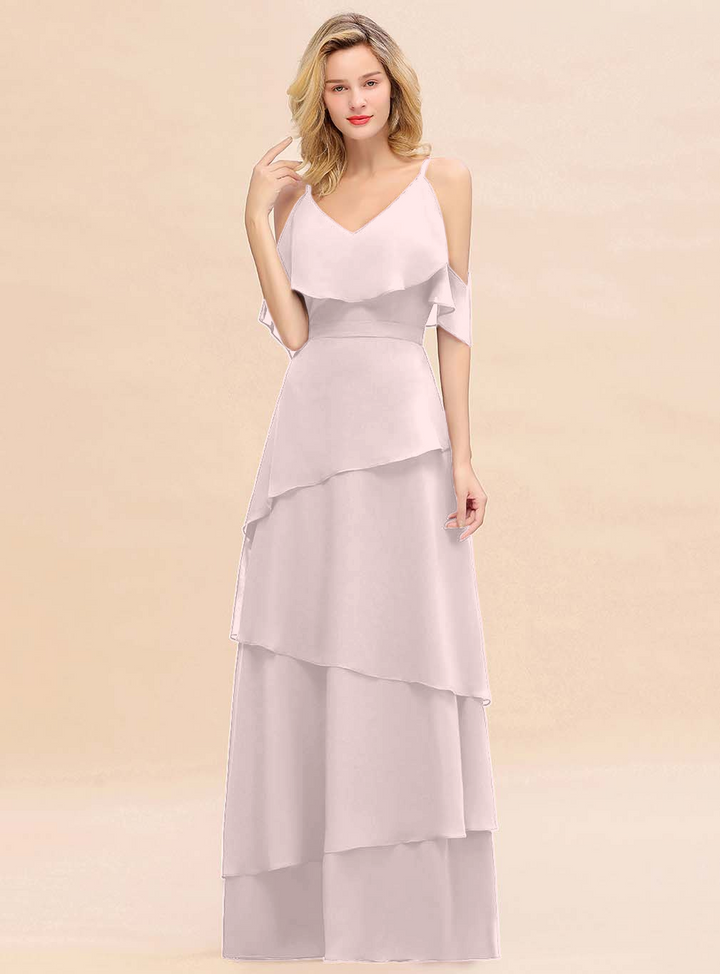 Cold-Shoulder Layers Chiffon Floor-Length Dress-koscy