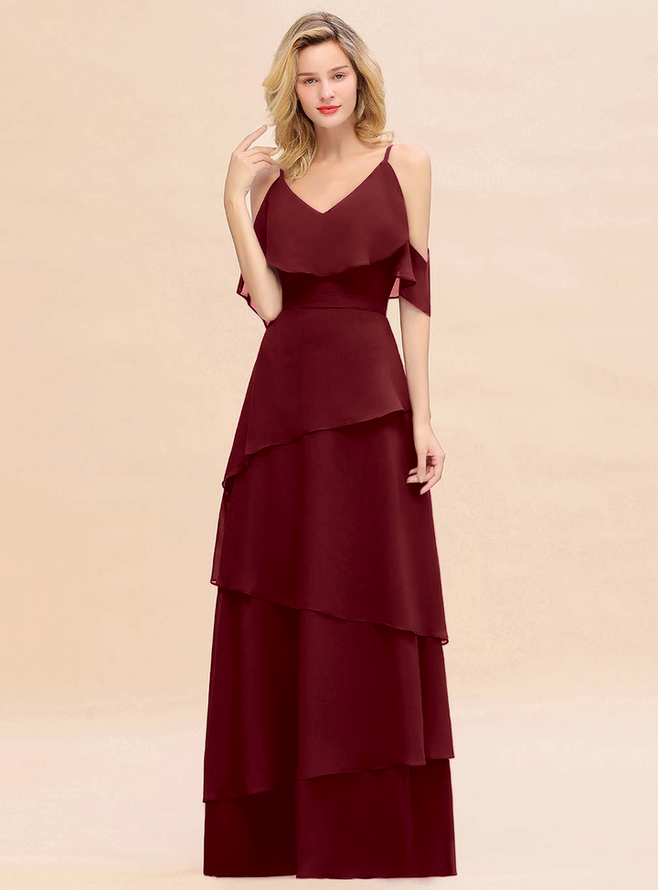 Cold-Shoulder Layers Chiffon Floor-Length Dress-koscy