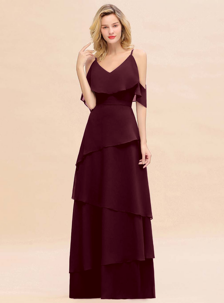 Cold-Shoulder Layers Chiffon Floor-Length Dress-koscy