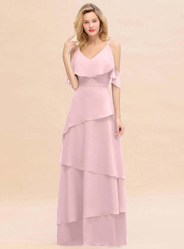 Cold-Shoulder Layers Chiffon Floor-Length Dress-koscy