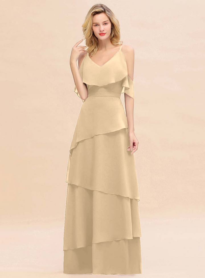 Cold-Shoulder Layers Chiffon Floor-Length Dress-koscy