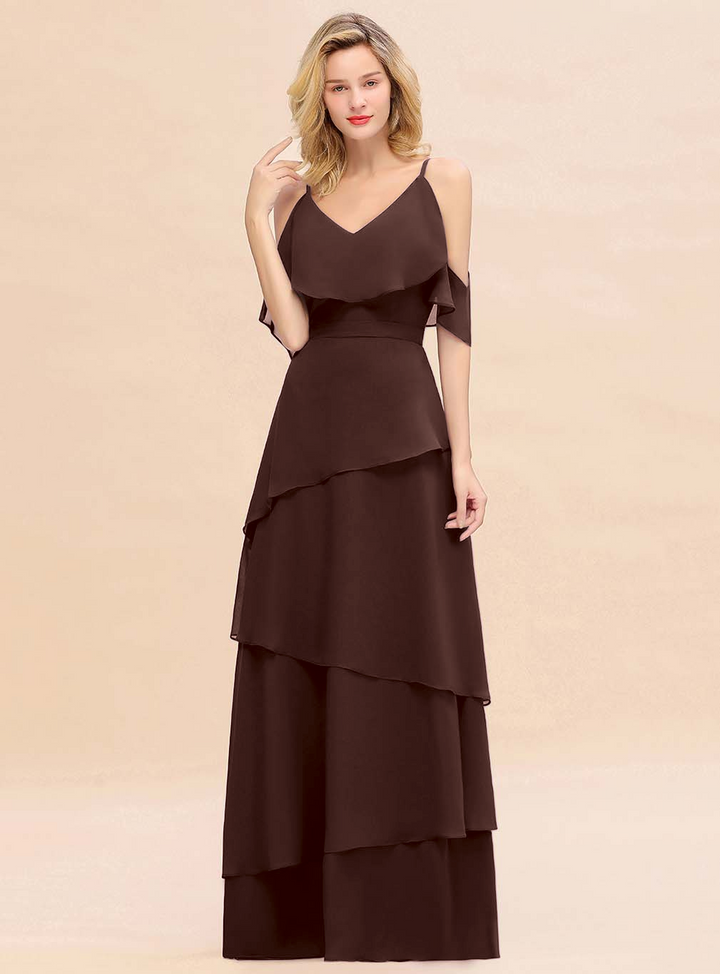 Cold-Shoulder Layers Chiffon Floor-Length Dress-koscy