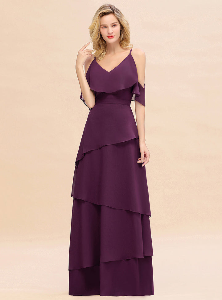 Cold-Shoulder Layers Chiffon Floor-Length Dress-koscy