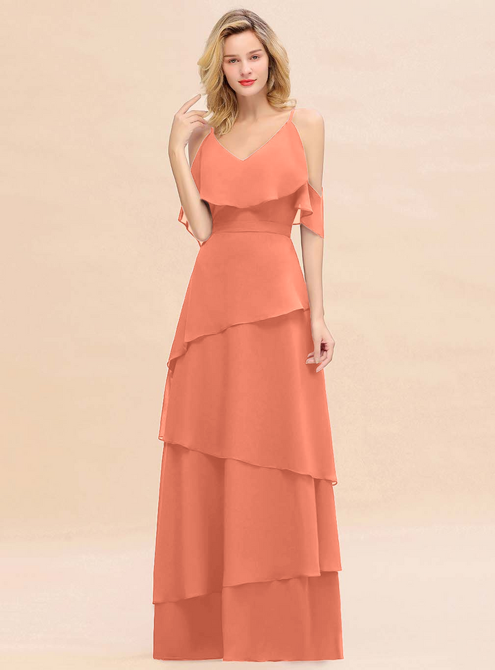 Cold-Shoulder Layers Chiffon Floor-Length Dress-koscy