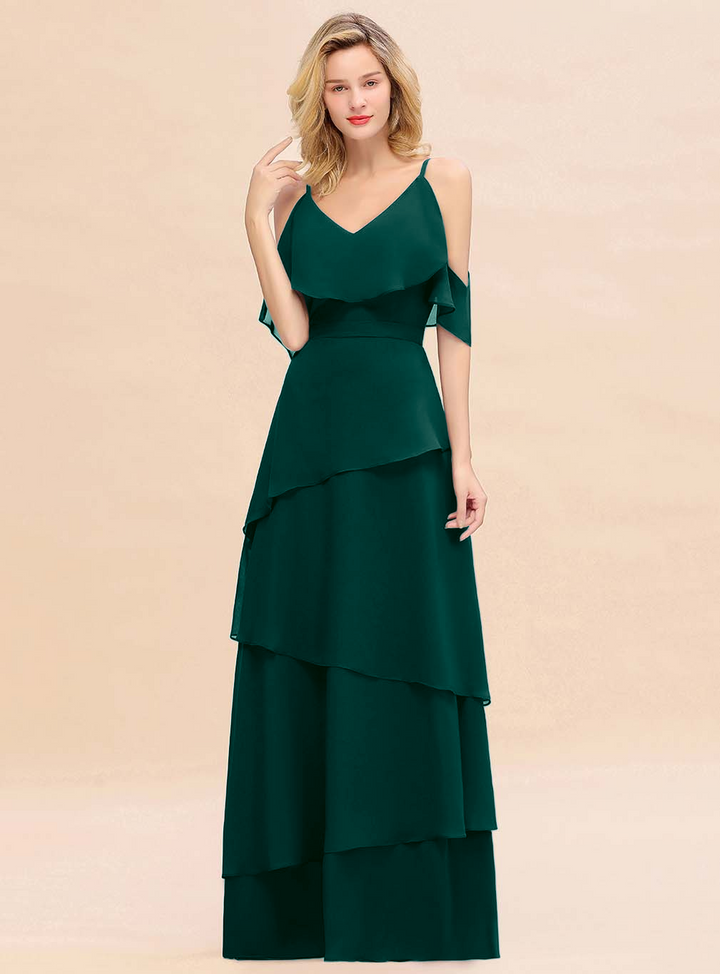 Cold-Shoulder Layers Chiffon Floor-Length Dress-koscy