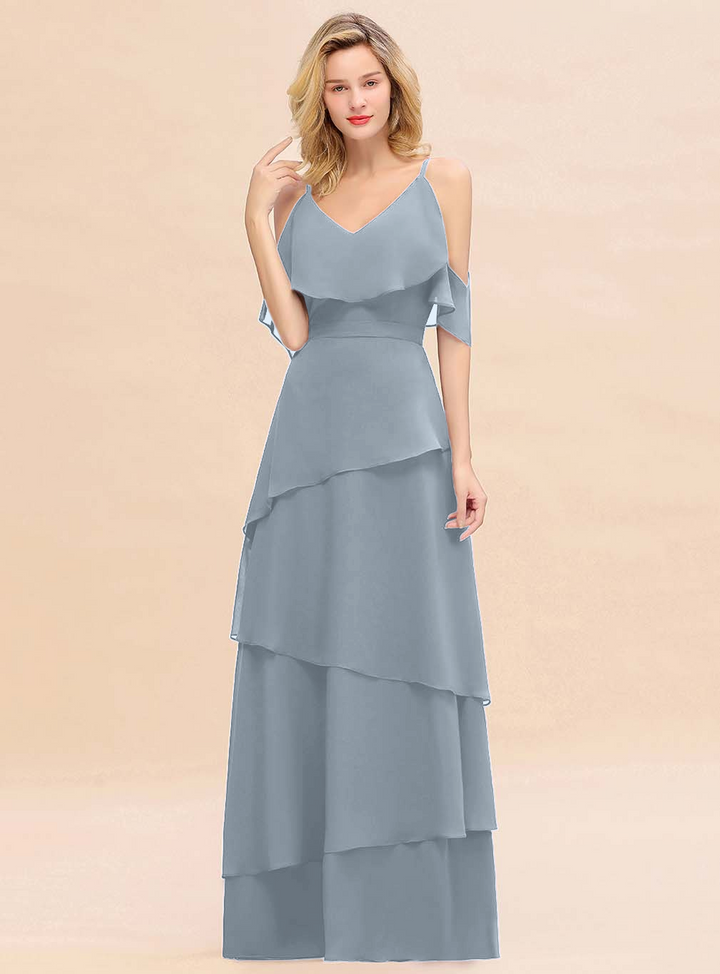 Cold-Shoulder Layers Chiffon Floor-Length Dress-koscy