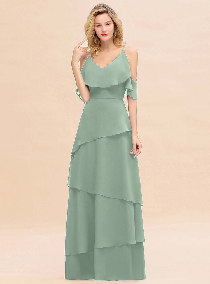 Cold-Shoulder Layers Chiffon Floor-Length Dress-koscy