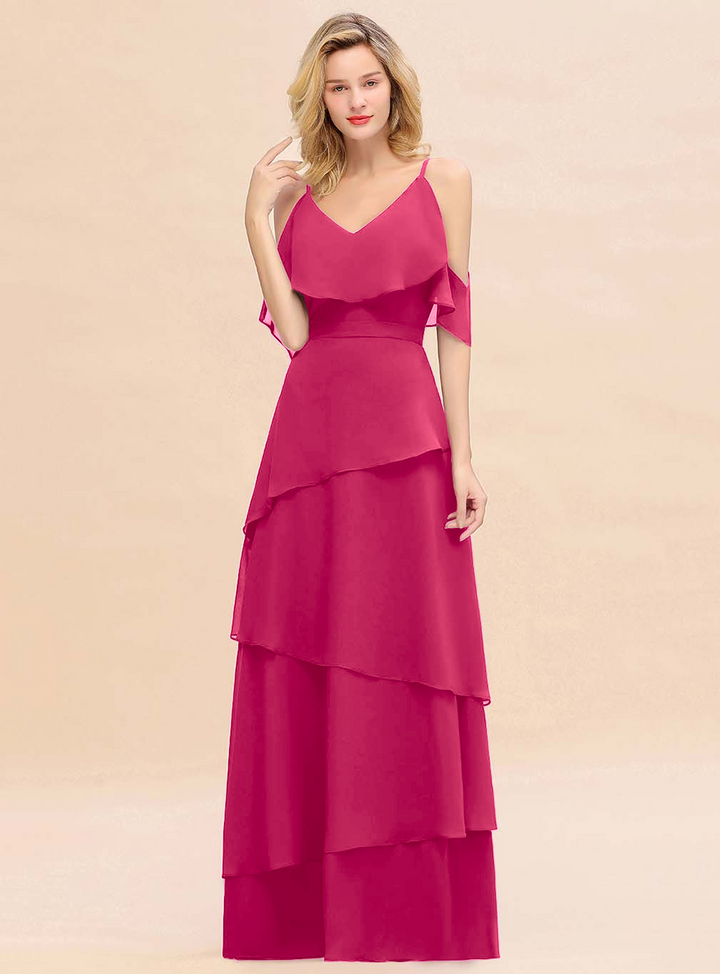 Cold-Shoulder Layers Chiffon Floor-Length Dress-koscy