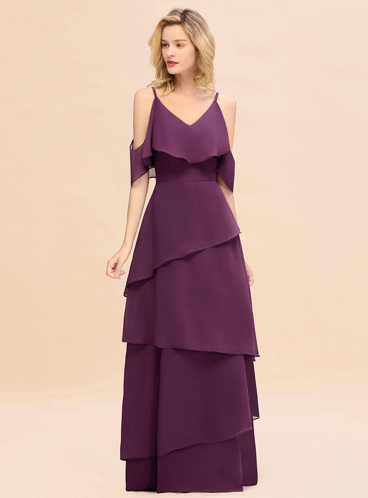 Cold-Shoulder Layers Chiffon Floor-Length Dress-koscy