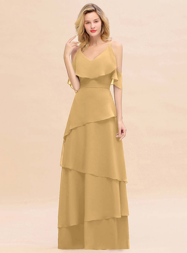 Cold-Shoulder Layers Chiffon Floor-Length Dress-koscy