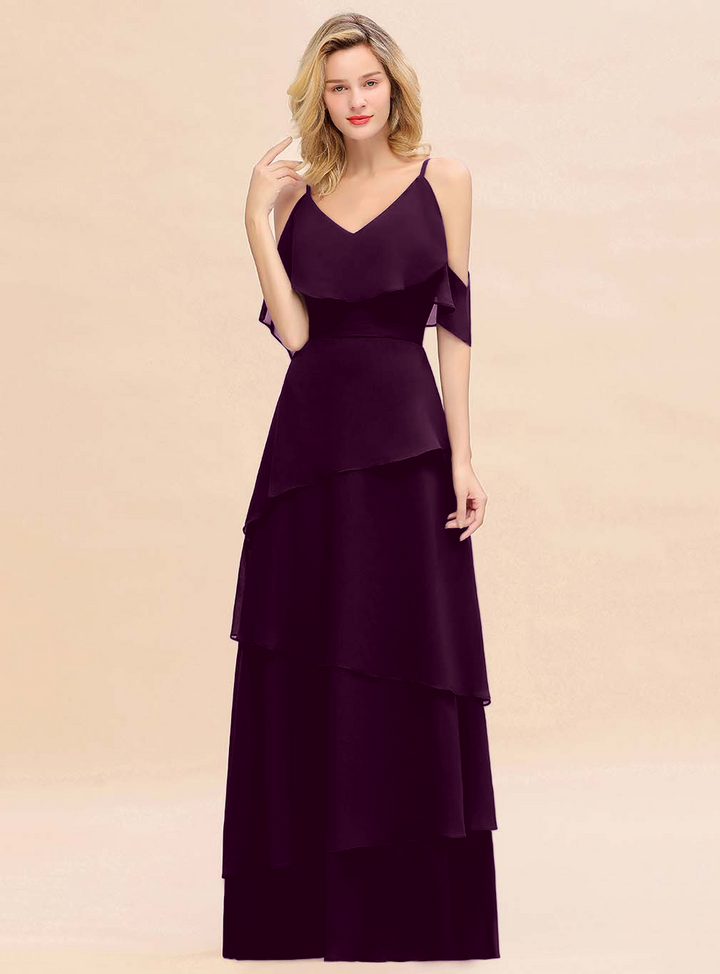 Cold-Shoulder Layers Chiffon Floor-Length Dress-koscy