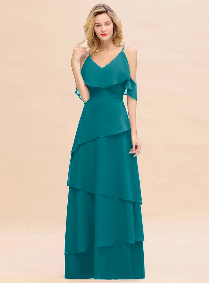 Cold-Shoulder Layers Chiffon Floor-Length Dress-koscy