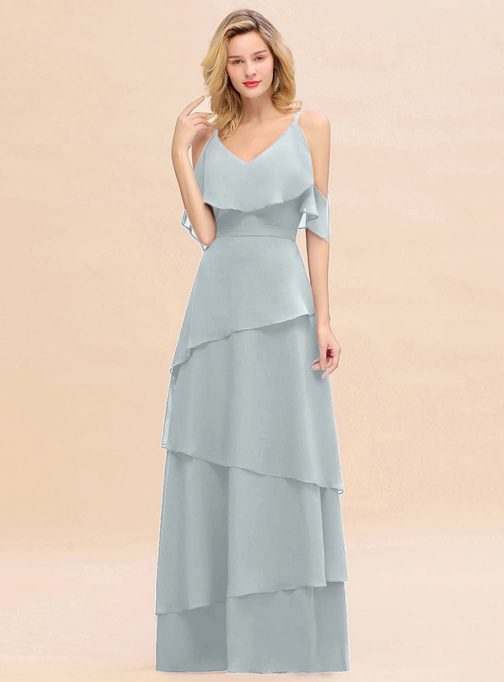 Cold-Shoulder Layers Chiffon Floor-Length Dress-koscy