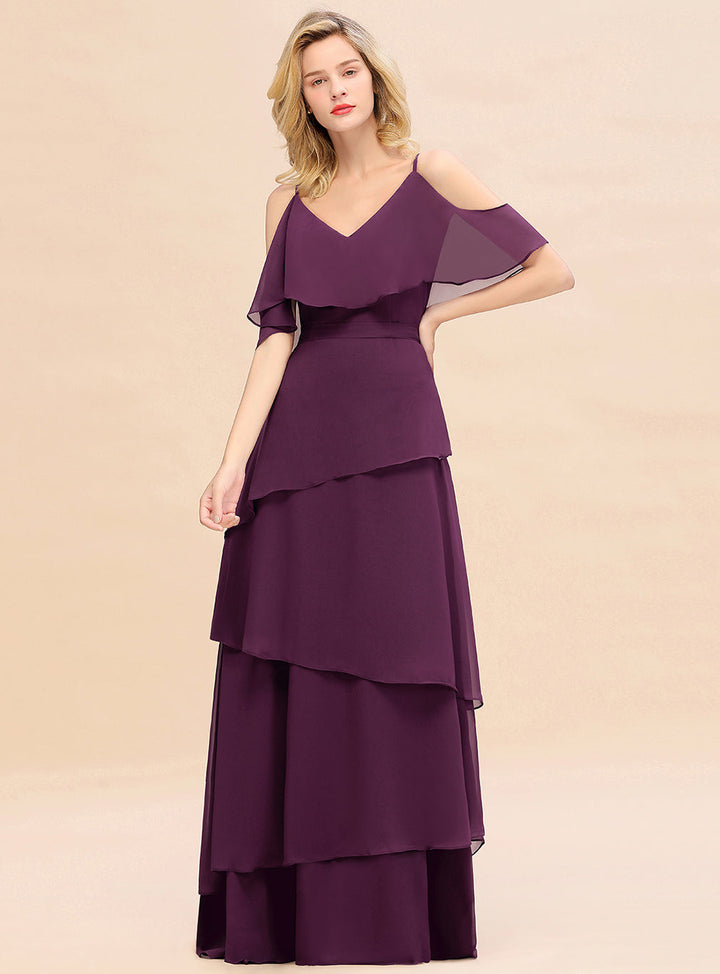 Cold-Shoulder Layers Chiffon Floor-Length Dress-koscy