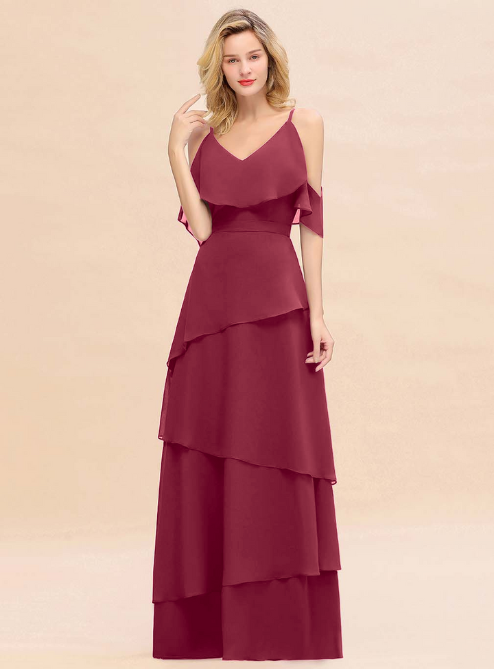 Cold-Shoulder Layers Chiffon Floor-Length Dress-koscy