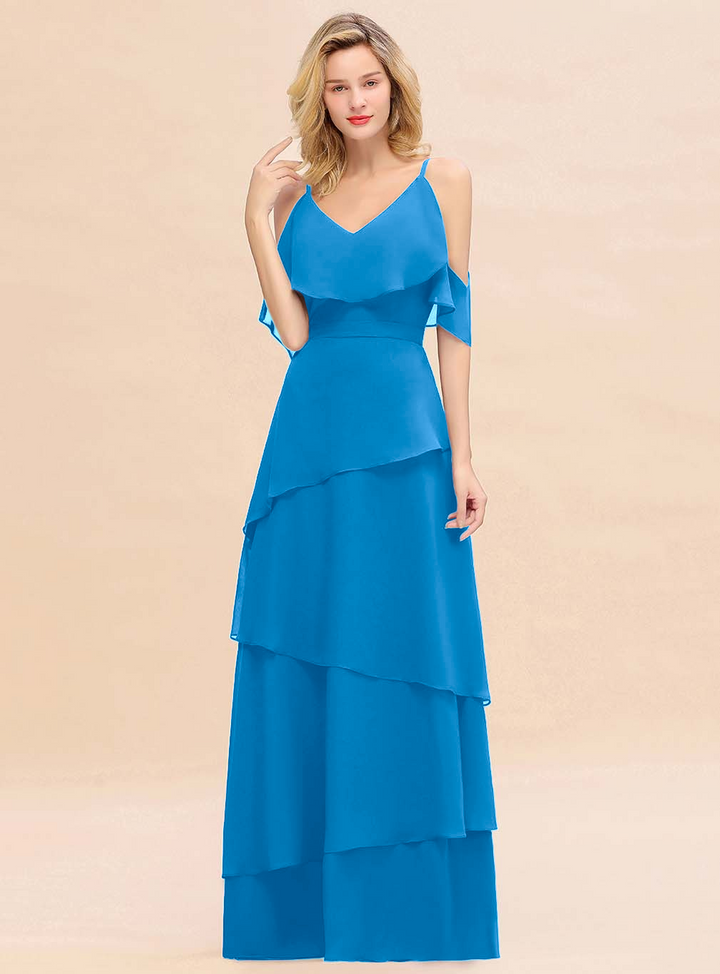 Cold-Shoulder Layers Chiffon Floor-Length Dress-koscy