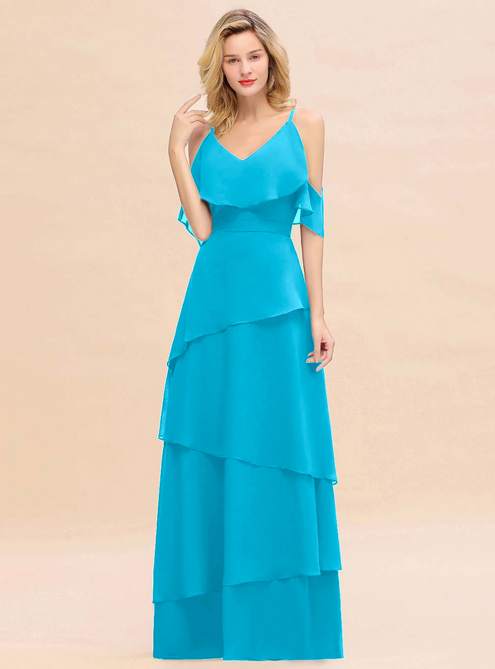 Cold-Shoulder Layers Chiffon Floor-Length Dress-koscy