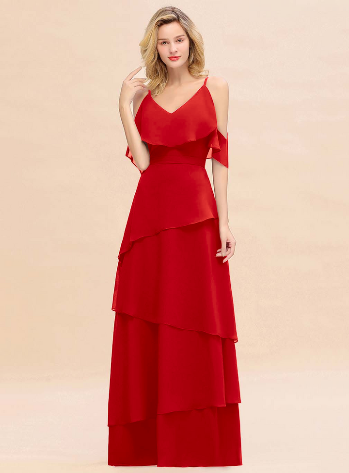 Cold-Shoulder Layers Chiffon Floor-Length Dress-koscy