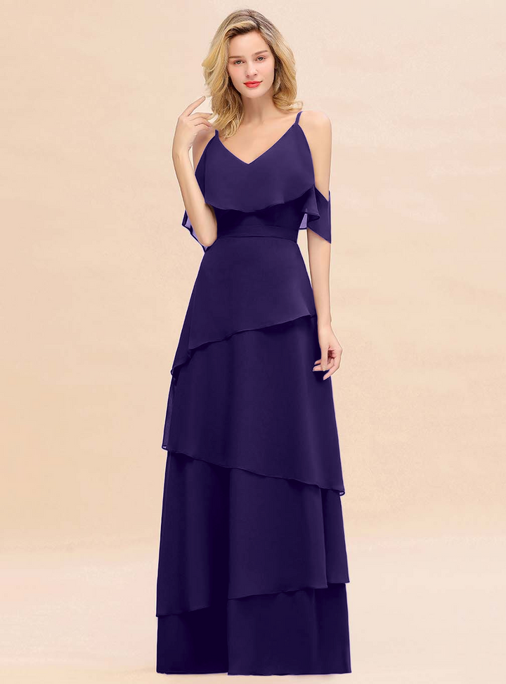 Cold-Shoulder Layers Chiffon Floor-Length Dress-koscy