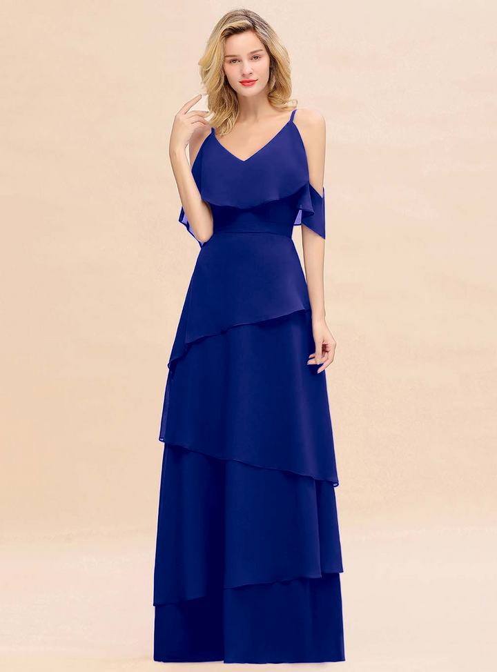 Cold-Shoulder Layers Chiffon Floor-Length Dress-koscy