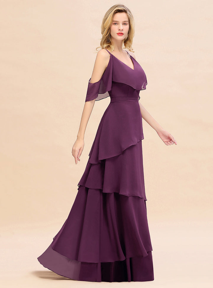 Cold-Shoulder Layers Chiffon Floor-Length Dress-koscy