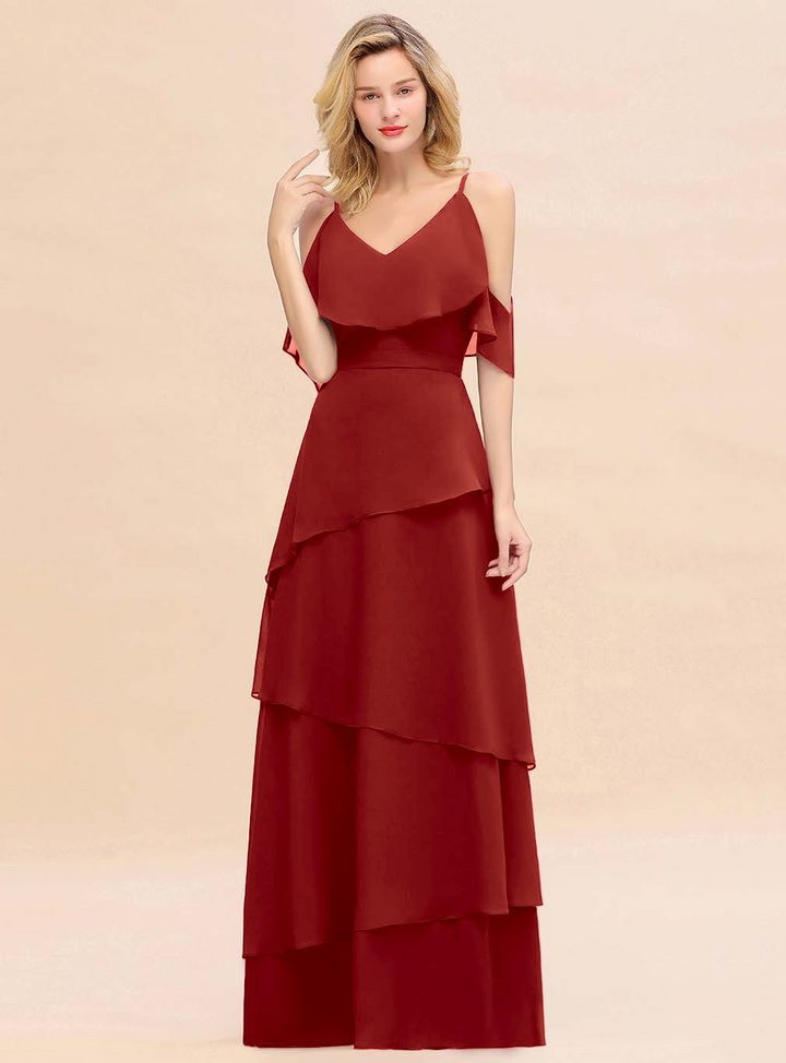 Cold-Shoulder Layers Chiffon Floor-Length Dress-koscy