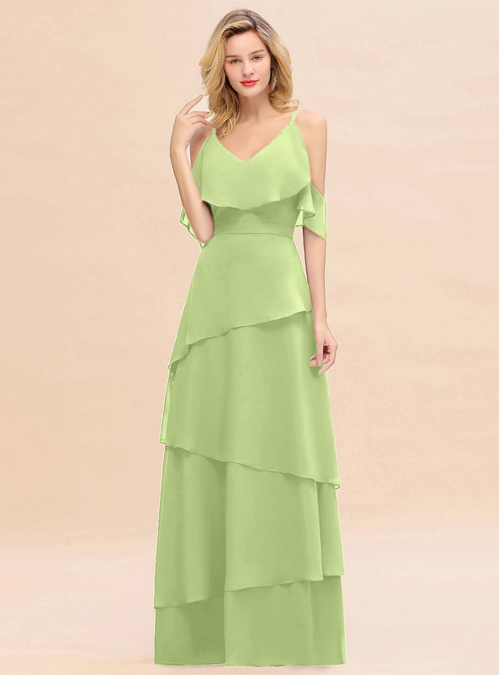 Cold-Shoulder Layers Chiffon Floor-Length Dress-koscy