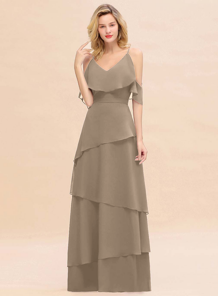 Cold-Shoulder Layers Chiffon Floor-Length Dress-koscy