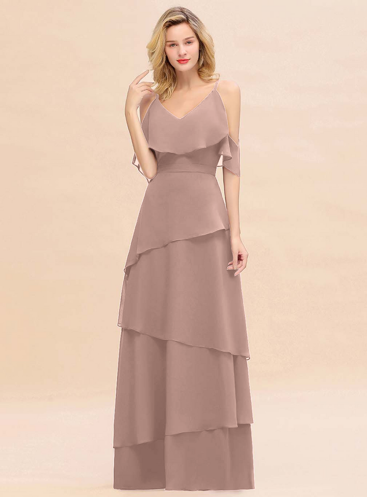 Cold-Shoulder Layers Chiffon Floor-Length Dress-koscy