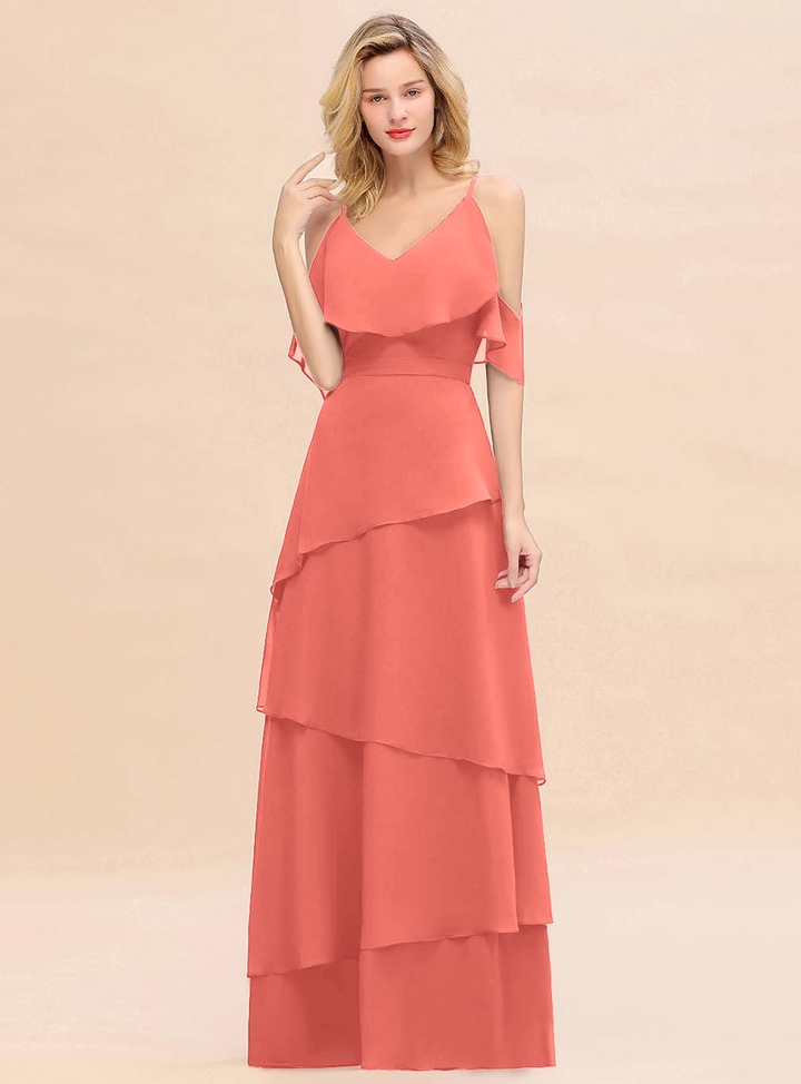 Cold-Shoulder Layers Chiffon Floor-Length Dress-koscy