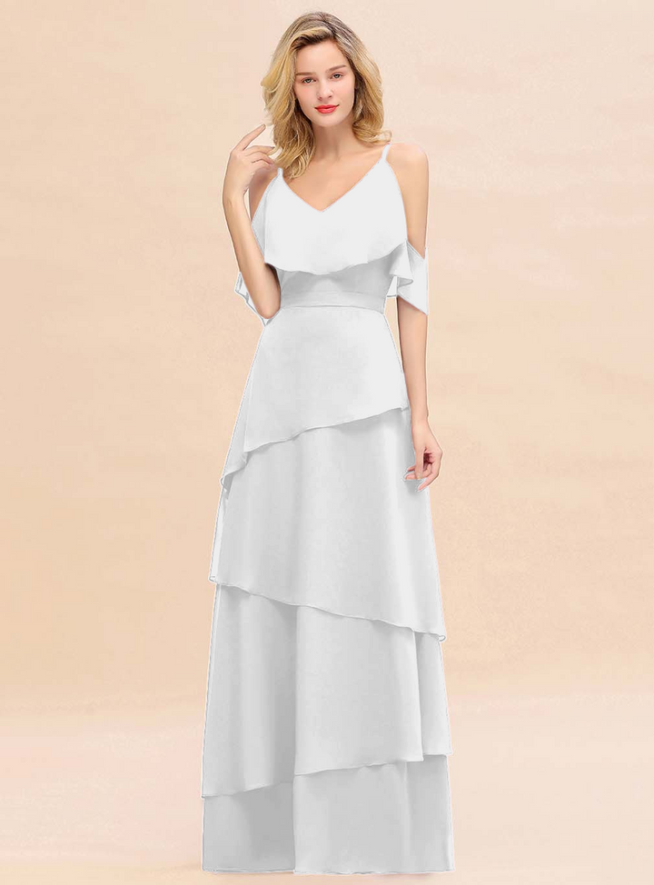 Cold-Shoulder Layers Chiffon Floor-Length Dress-koscy