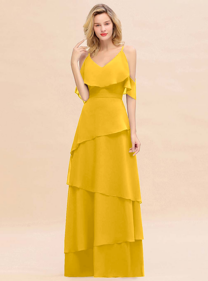 Cold-Shoulder Layers Chiffon Floor-Length Dress-koscy