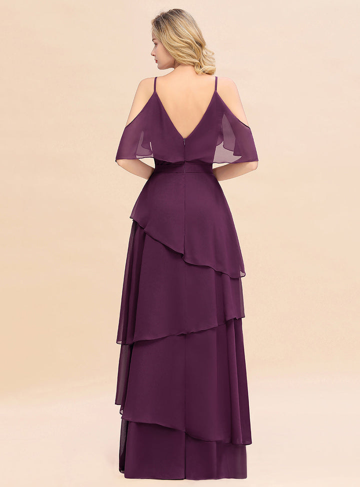 Cold-Shoulder Layers Chiffon Floor-Length Dress-koscy