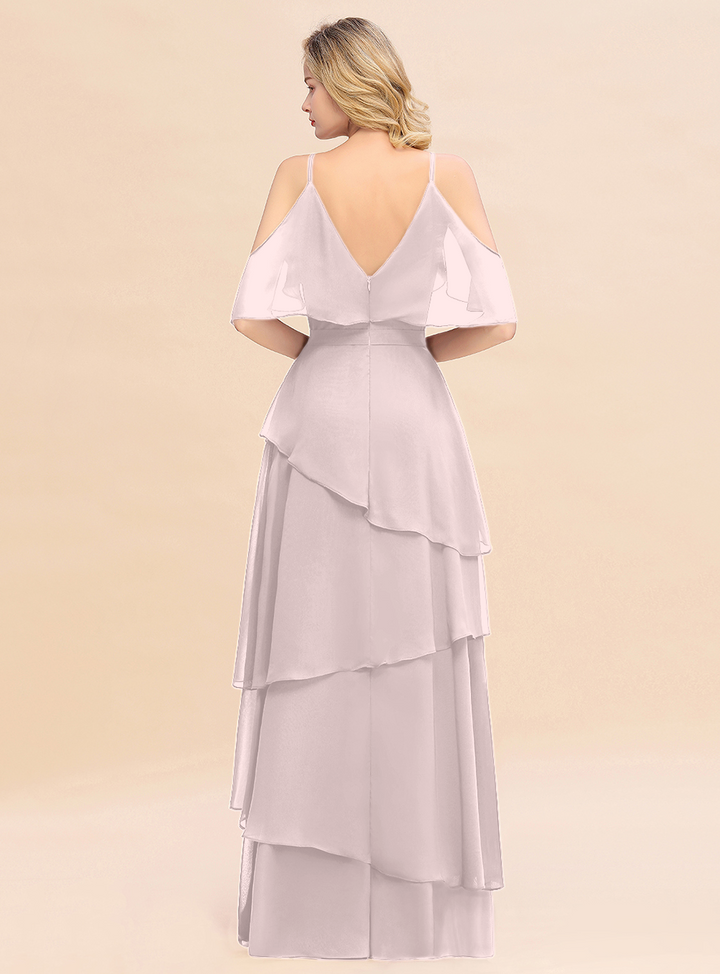 Cold-Shoulder Layers Chiffon Floor-Length Dress-koscy