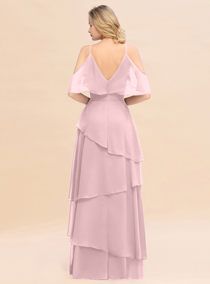 Cold-Shoulder Layers Chiffon Floor-Length Dress-koscy